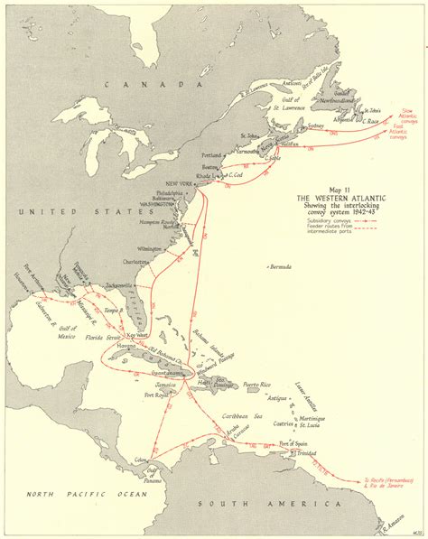 Atlantic Convoy Routes Anti U Boat Escort Air Cover Old Map