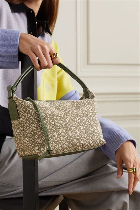 Loewe Cubi Anagram Small Leather Trimmed Logo Jacquard Tote Green