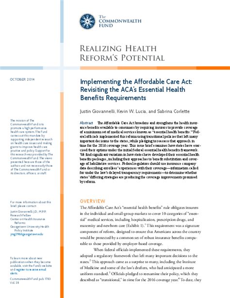 Implementing The Affordable Care Act Revisiting The Aca S Essential Health Benefits Requirements