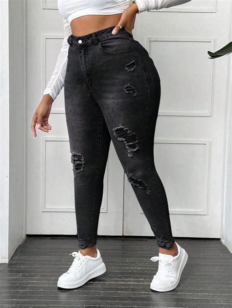 Shein Ezwear Denim Rasgado Slim Fit Lavado Gua Casual Plus Size