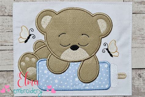 Baby Bear Boy With Feeding Bottle Machine Embroidery Design Applique