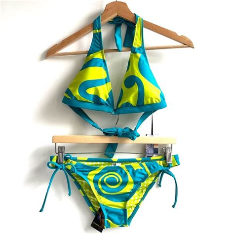 O Neill Swim Oneill Piece Bikini Set Top And Bikini Halter Tie Teal And Lime Size Large