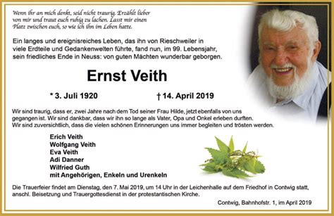 Traueranzeigen Von Ernst Veith Saarbruecker Zeitung Trauer De