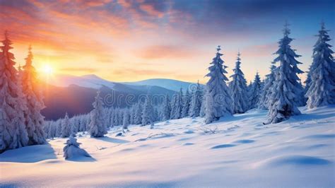 Beau Paysage D Hiver Avec Des Montagnes Enneig Es Et Le Sapin De La