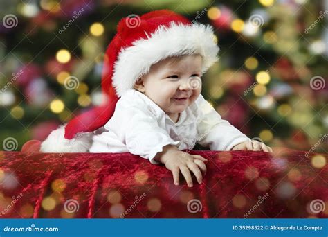 Little Santa Baby With Christmas Hat Stock Photo Image Of Happiness