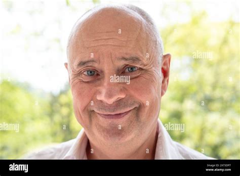 Close Up Charismatic Mature Man Senior Years Old Smiles Joyfully Skin Folds Age Related