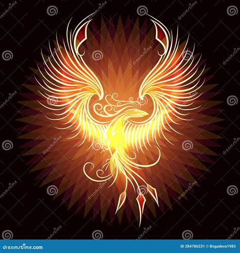 Rising Fire Burning Phoenix Bird On Black Background Stock Illustration