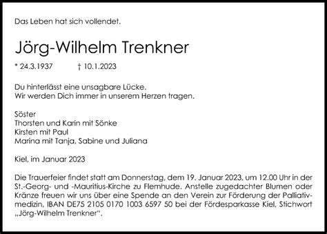 Traueranzeigen von Jörg Wilhelm Trenkner trauer anzeigen de