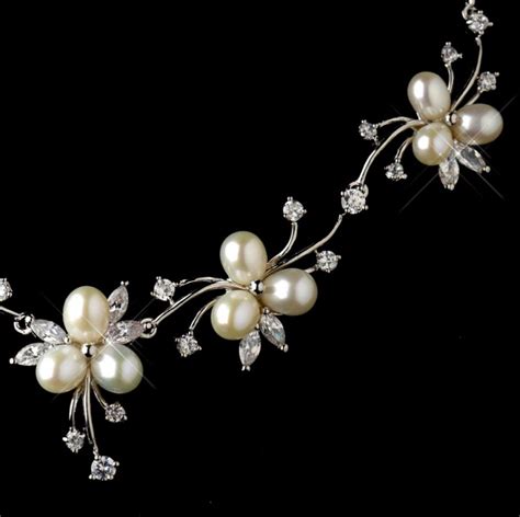 Ivory Freshwater Pearl Cubic Zirconia Floral Wedding Necklace Earring