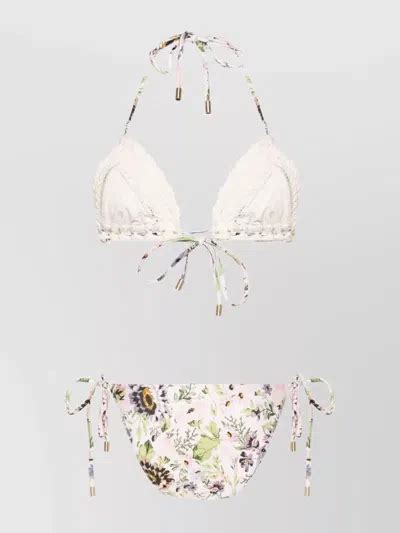 Zimmermann Floral Print Crochet Tri Bikini In Multi Modesens