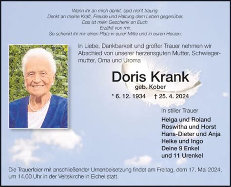 Traueranzeigen Von Doris Krank Trauerportal Ihrer Tageszeitung