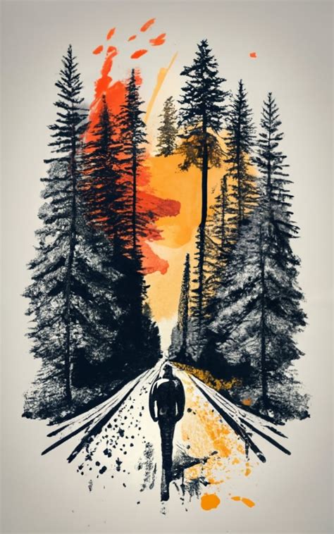 T Shirt Design Forest Pathway Watercolor Splash In Black And White