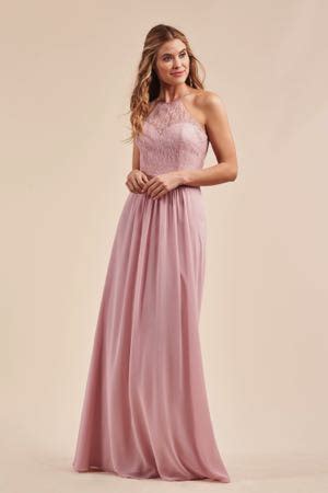 B213059 Lace Poly Chiffon Long Bridesmaid Dress With Halter Neckline