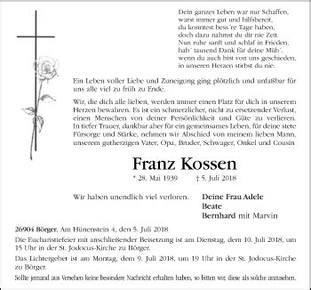 Traueranzeigen Von Franz Kossen Noz Trauerportal