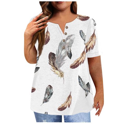 Gipqjk Women Plus Size Shirts 4x 5x Feather Print Short Sleeved Tunic