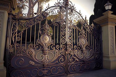 Iron Mansion Gates With Intricate Scrollwork And Designs Stock Photo