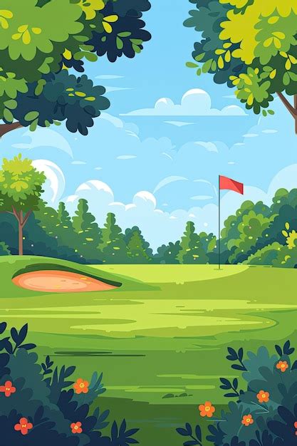 Un Dibujo Animado De Un Campo De Golf Con Una Bandera Roja En El Verde