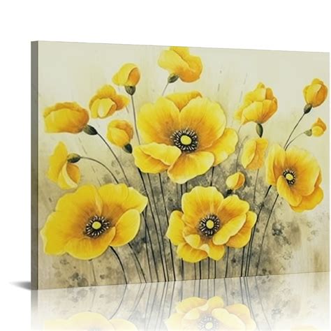 C Genys Large Grey And Gold Flower Canvas Wall Art Abstract Yellow