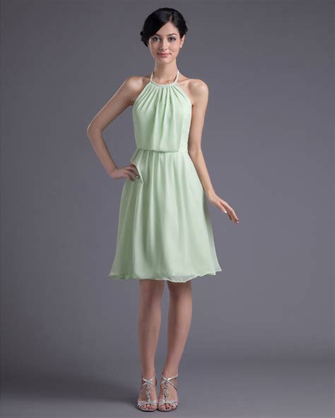 Halter A Line Knee Length Chiffon Bridesmaid Dress Light Green