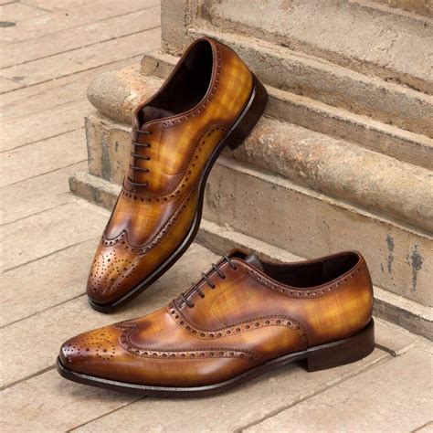 Handmade Cognac Patina Brogue Leather Dress Shoes Custom Made For Men