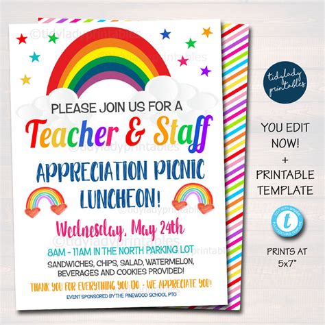 Rainbow Theme Teacher Appreciation Week Lunch Invitation — Tidylady Printables