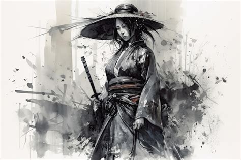 Premium Photo The Ink Painting Depicts A Beautiful Female Samurai In