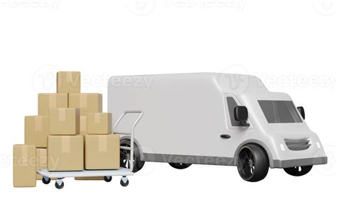 Delivery Van 3d White Truck With Packaging Goods Cardboard Box Platform Trolley Isolated