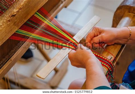 Woman Works Traditional Hand Weaving Loom Stock Photo 1525779812