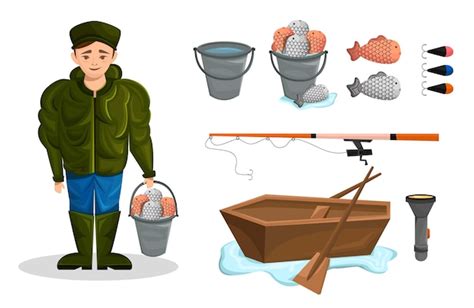 Conjunto De Artigos Para Pesca Ilustra O De Um Pescador E Seus