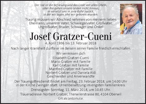 Traueranzeigen Von Josef Gratzer Cueni Trauer Kleinezeitung At