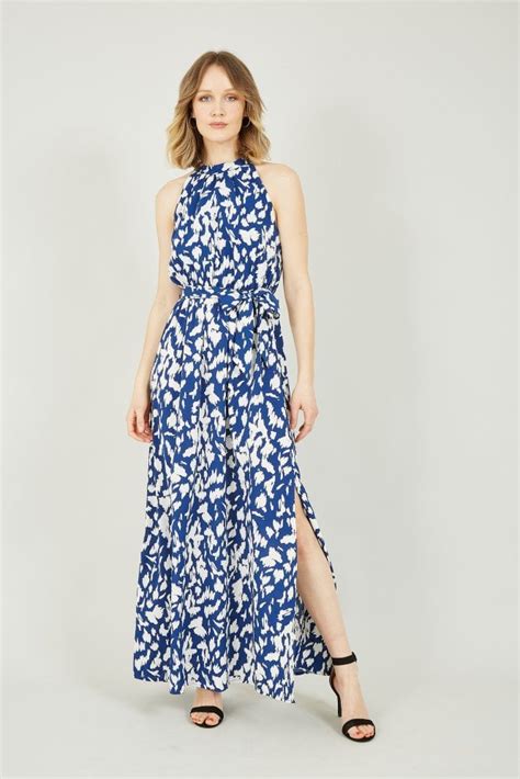 Mela Blue Dash Printed Halter Neck Maxi Dress Mela