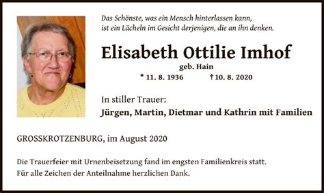 Traueranzeigen Von Elisabeth Ottilie Imhof Trauer Op Online De