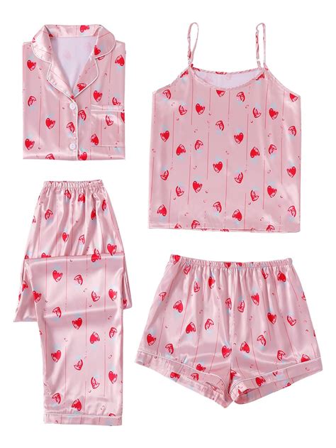 Lyaner Womens Pajamas Set 4 Pcs Satin Silk Cami Top Button Down