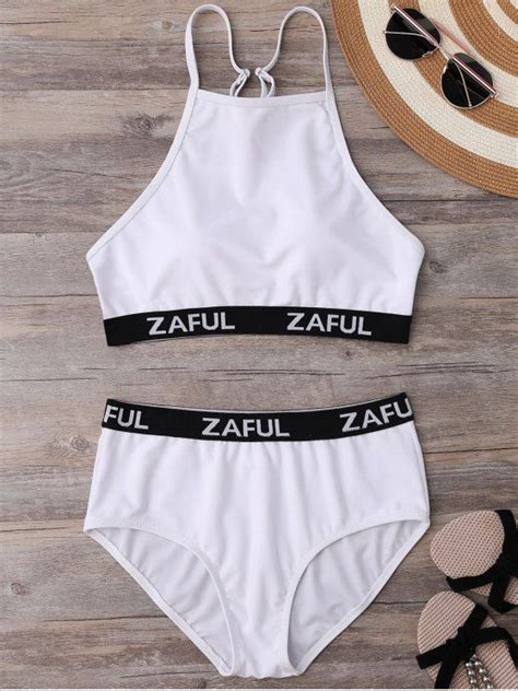 14 99 High Neck Logo Band Bikini Set WHITE S Neon Bikinis Zaful