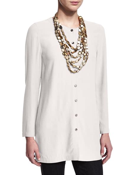 Lyst Eileen Fisher Long Silk Button Front Blouse In White