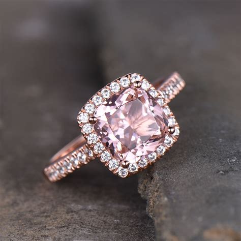 Pink Morganite Ring 8mm Cushion Morganite Engagement Ring Halo Etsy