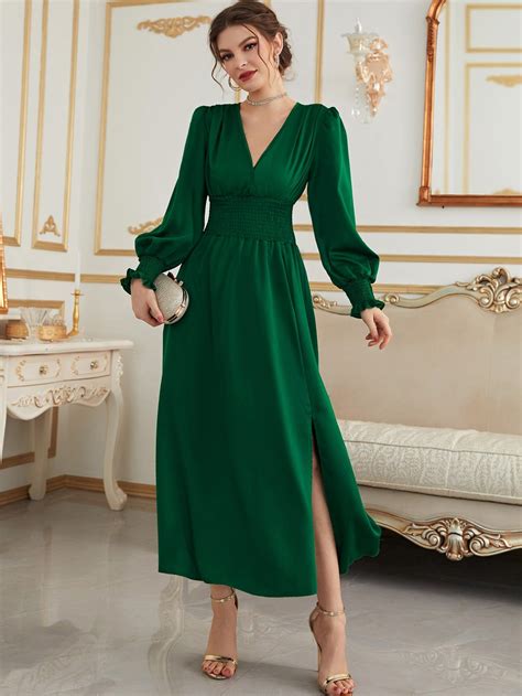 Shirred Lantern Sleeve Split Thigh Dress Elegant Green Dresses Green