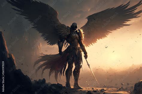 Battle archangel warrior in armor. Big wings on his back, Angel of ...