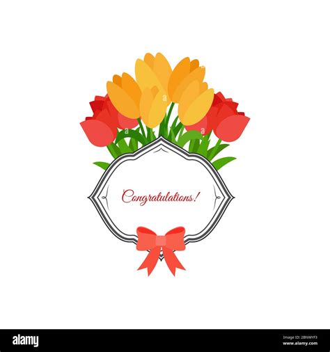 Congratulations Label Design With Pink And Yellow Tulips And Bow