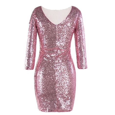 Womens 3 4 Sleeve V Neck Sequin Sparkle Glitzy Glam Flapper Party Dress