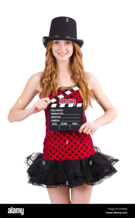 Pretty Girl In Red Polka Dot Dress With Movie Board Isolated On White