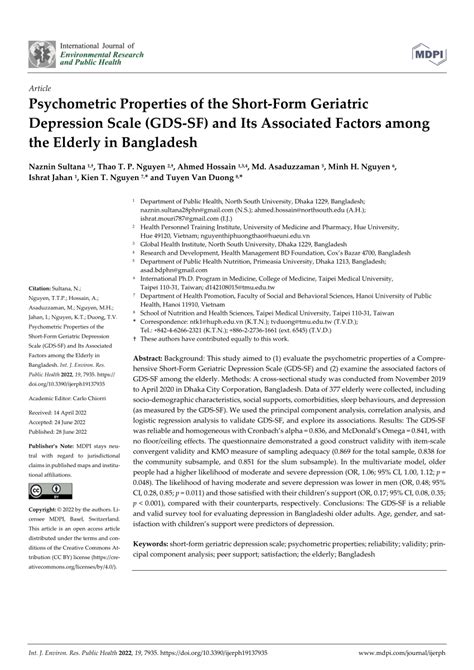 Pdf Psychometric Properties Of The Short Form Geriatric Depression