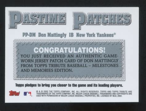 2002 TOPPS TRIBUTE DON MATTINGLY GAME WORN JERSEY PATCH SSP MINT RARE