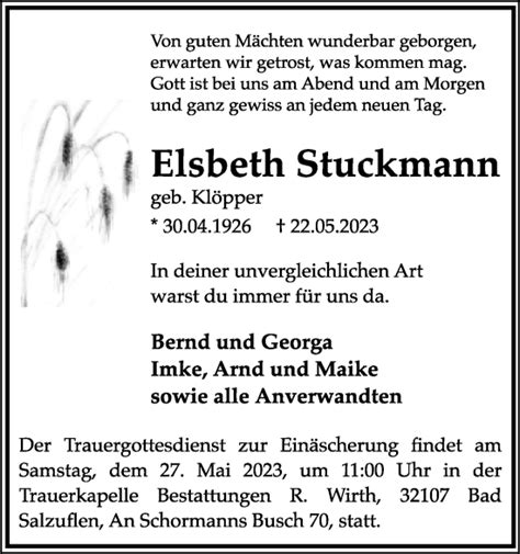 Traueranzeigen Von Elsbeth Stuckmann LZ Trauer