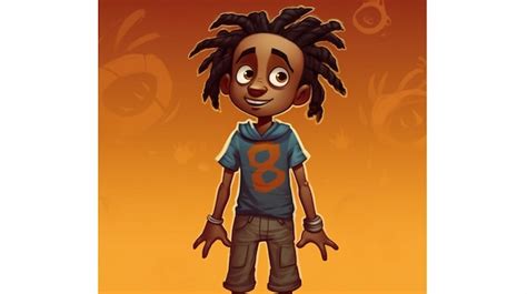 Premium Photo | Cartoon boy with dreadlocks and a blue shirt standing in front of a yellow ...