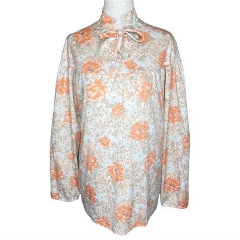 Vintage Tops Vintage 7s Floral Pussy Bow Neckline Retro Tunic Top
