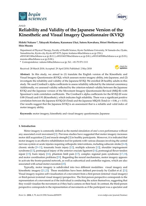 Pdf Reliability And Validity Of The Japanese Version Of The Kinesthetic And Visual Imagery