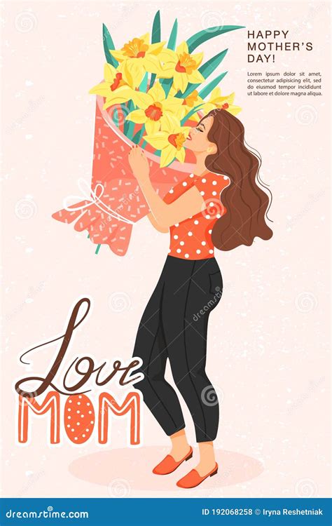 Happy Motherâ€™s Day Greeting Card Beautiful Woman With Bouquet Of