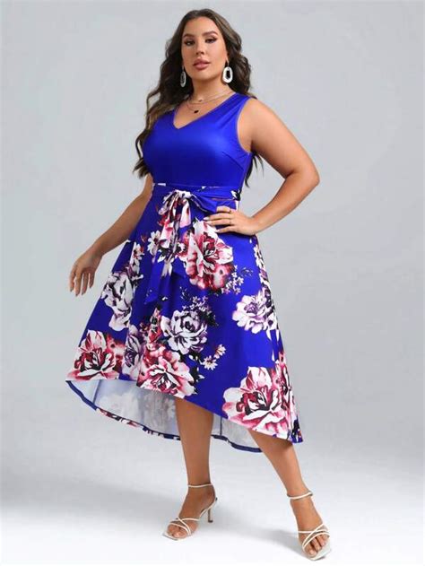 Shein Clasi Plus Floral Print High Low Hem Belted Dress Shein