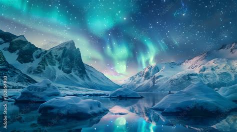 Aurora Borealis Over The Snowy Mountains Coast Of The Lake And